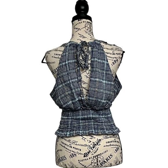 Pilcro Blue Metallic Plaid Smocked Bottom Jessie Halter Top M Beach Boho - Picture 5 of 11